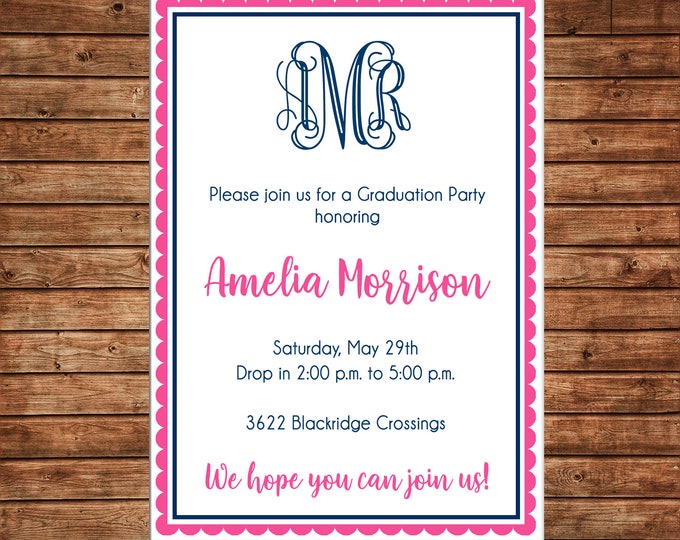 Girl Invitation Monogram Graduation Birthday Party - Can personalize colors /wording - Printable File or Printed Cards