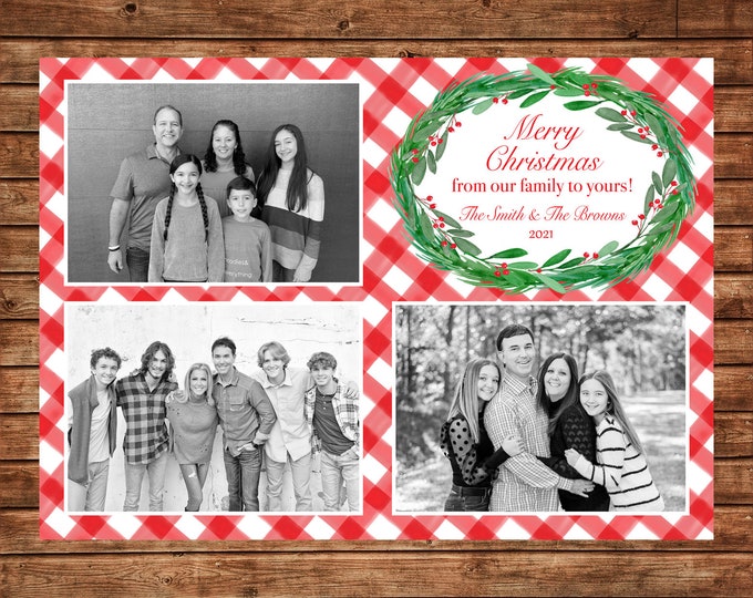 Christmas Holiday Photo Card Red Gingham Watercolor Wreath - Can Personalize - Printable File