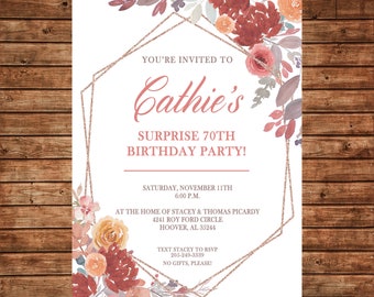 Fall Autumn Watercolor Flowers Floral Invitation Birthday Tea Shower - Can personalize colors /wording - Printable File or Printed Cards