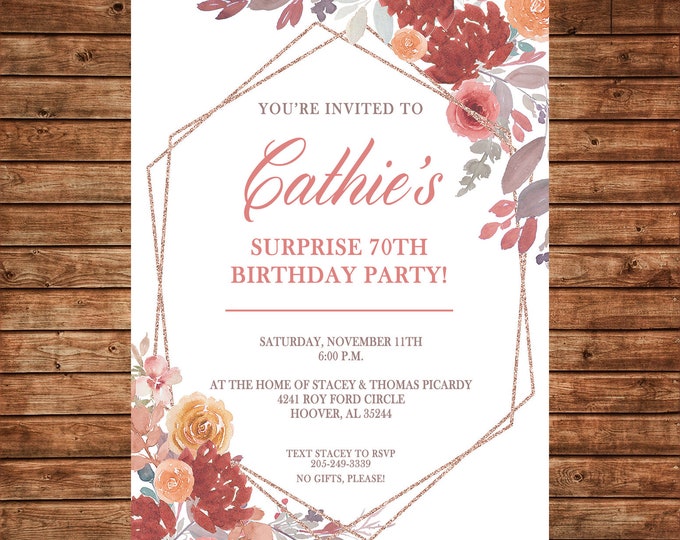 Fall Autumn Watercolor Flowers Floral Invitation Birthday Tea Shower - Can personalize colors /wording - Printable File or Printed Cards