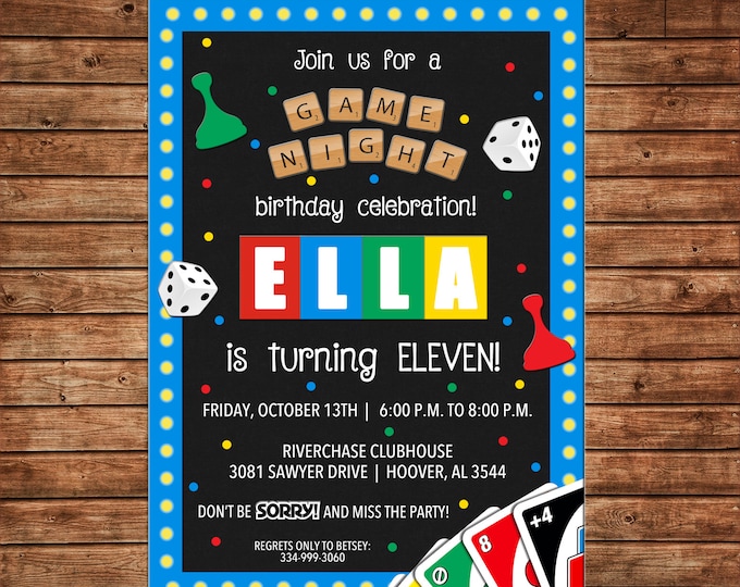 Boy or Girl Invitation Board Game Cards Game Night Birthday Party - Can personalize colors /wording - Printable File or Printed Cards