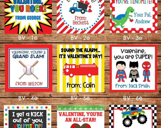 24 Square Personalized Boy Valentine Enclosure Cards, Gift Stickers, Gift Tags