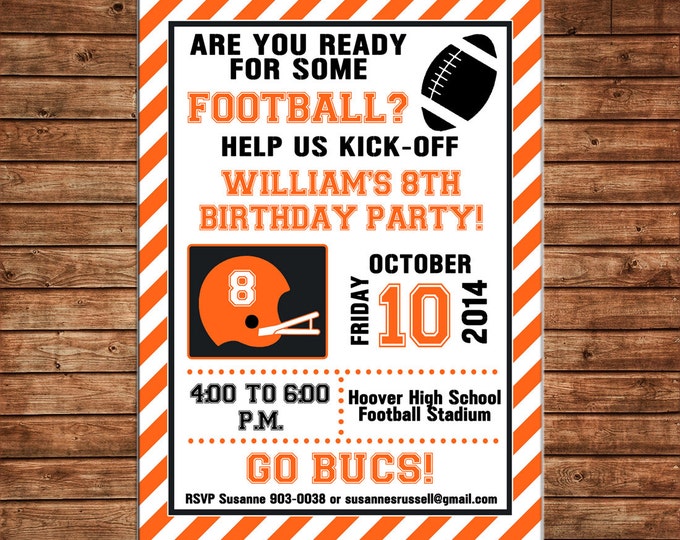 Boy Invitation Football Tailgate Sports Team Birthday Party - Can personalize colors /wording - Printable File or Printed Cards