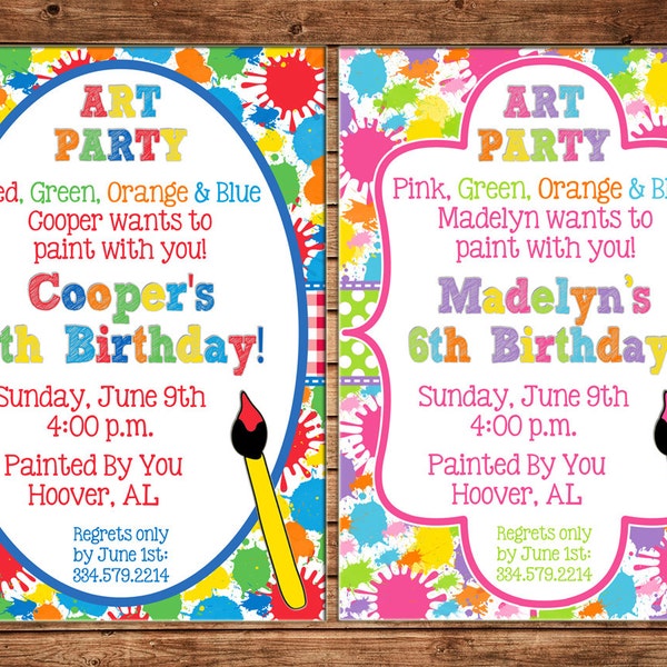 Boy or Girl Invitation Paint Splatter Art Pottery Birthday Party - Can personalize colors /wording - Printable File or Printed Cards