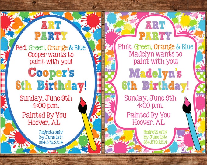 Boy or Girl Invitation Paint Splatter Art Pottery Birthday Party - Can personalize colors /wording - Printable File or Printed Cards