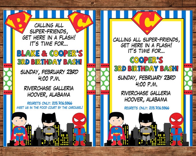 Boy Invitation Super hero Superhero Shield Birthday Party - Can personalize colors /wording - Printable File or Printed Cards