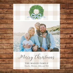 Christmas Holiday Photo Card Gingham Watercolor Boxwood Wreath - Can Personalize - Printable File