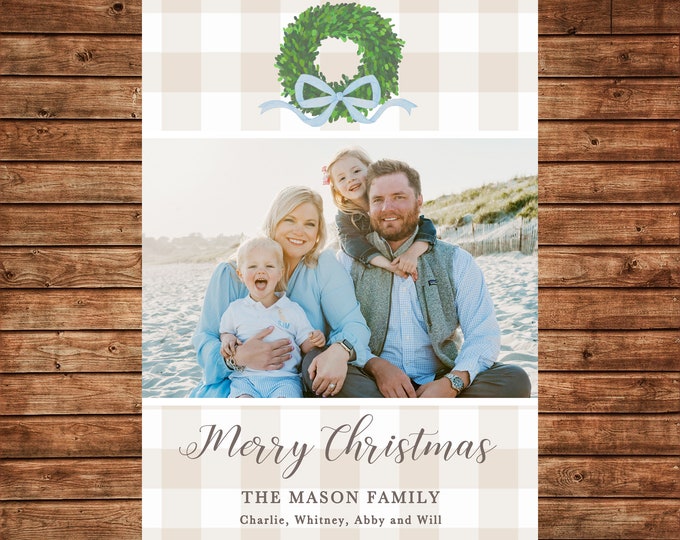 Christmas Holiday Photo Card Gingham Watercolor Boxwood Wreath - Can Personalize - Printable File