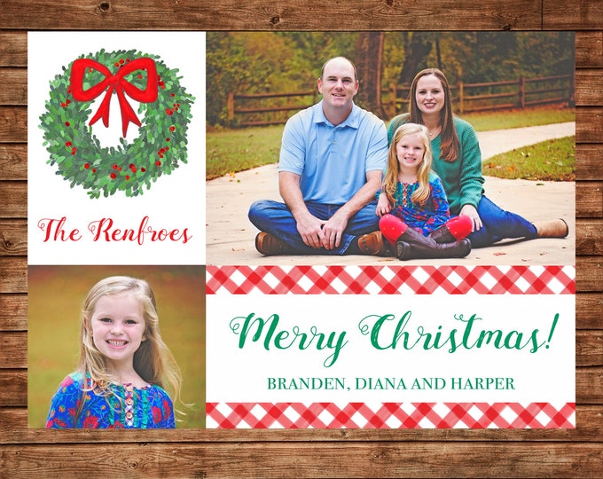 Christmas Holiday Photo Card Watercolor Boxwood Wreath - Can Personalize - Printable File