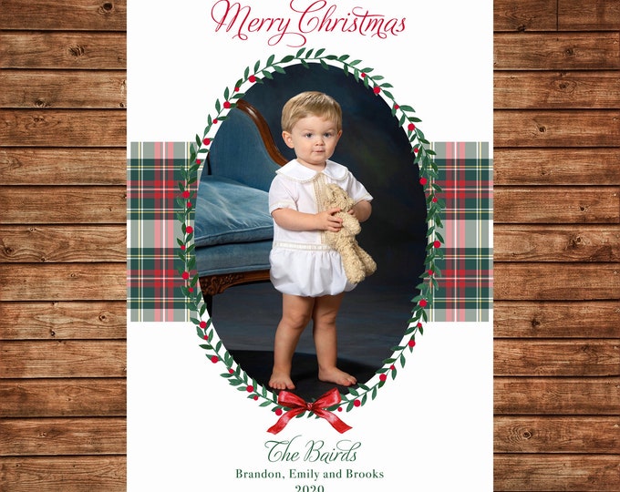 Christmas Holiday Photo Card Watercolor Greenery Wreath Tartan Plaid - Can Personalize - Printable File