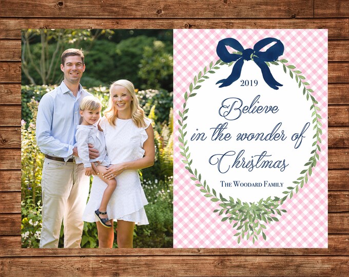 Christmas Holiday Photo Card Pink Gingham Watercolor Wreath - Can Personalize - Printable File