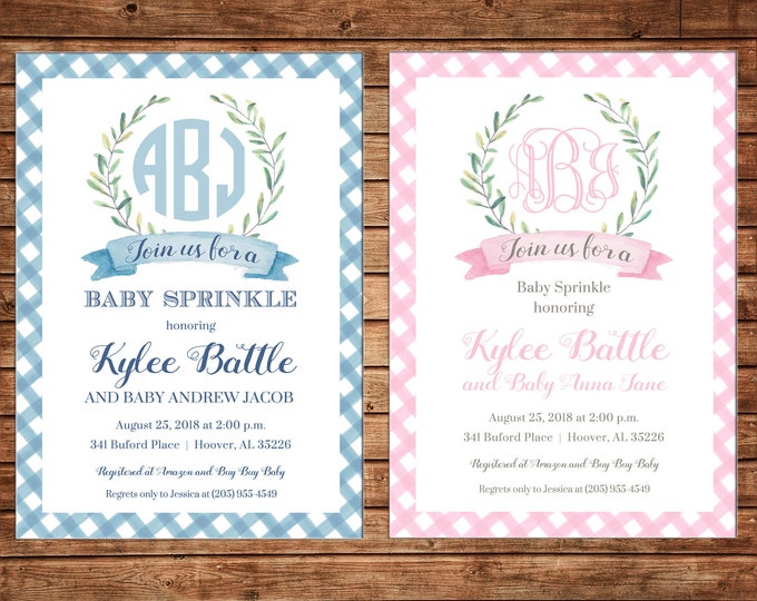 Boy or Girl Invitation Monogram Watercolor Laurel Wreath Shower Party - Can personalize colors /wording - Printable File or Printed Cards