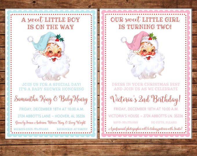 Boy or Girl Invitation Vintage Santa Christmas Birthday Party - Can personalize colors /wording - Printable File or Printed Cards