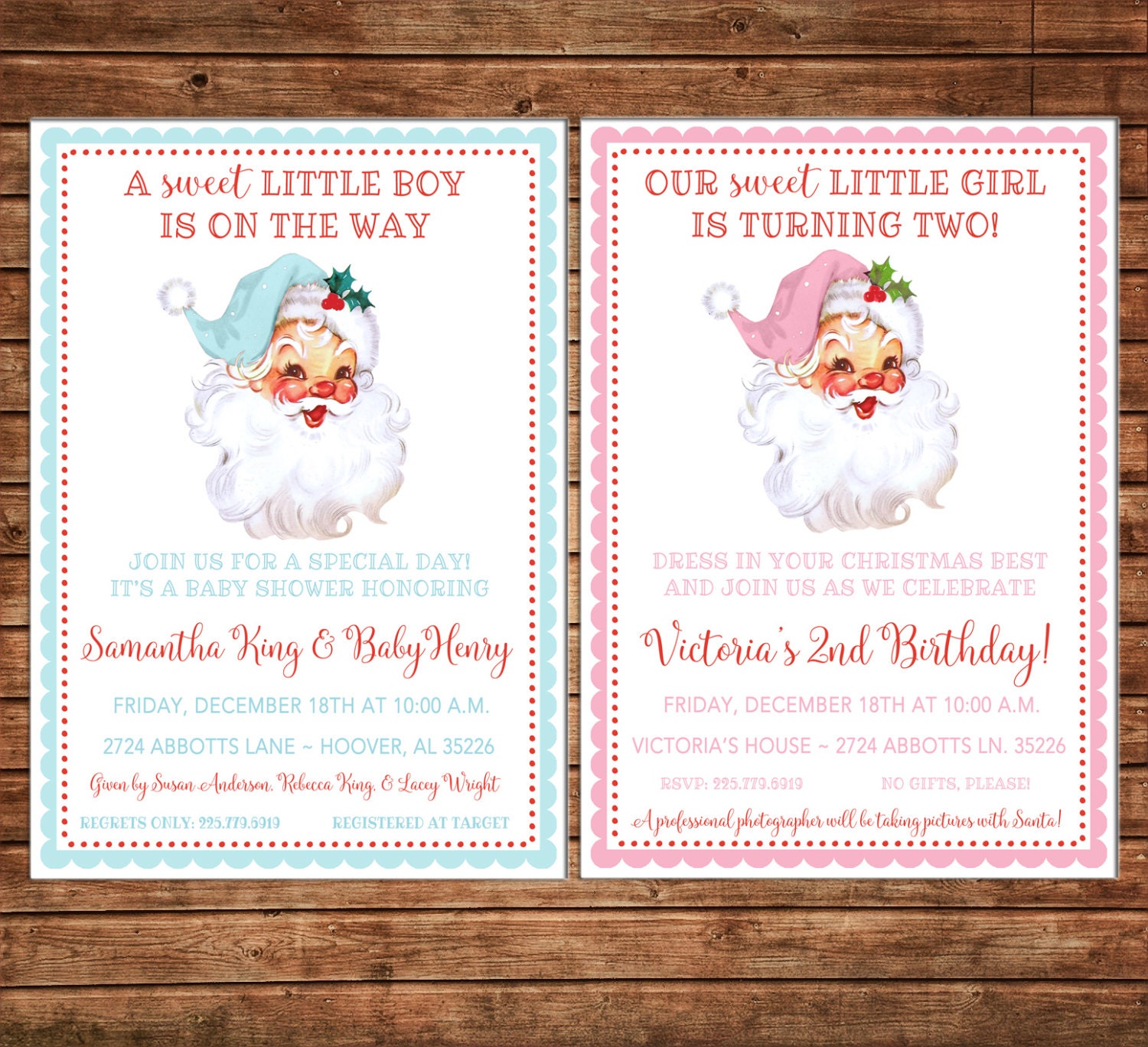 Boy or Girl Invitation Vintage Santa Christmas Birthday Party - Can personalize colors /wording - Printable File or Printed Cards