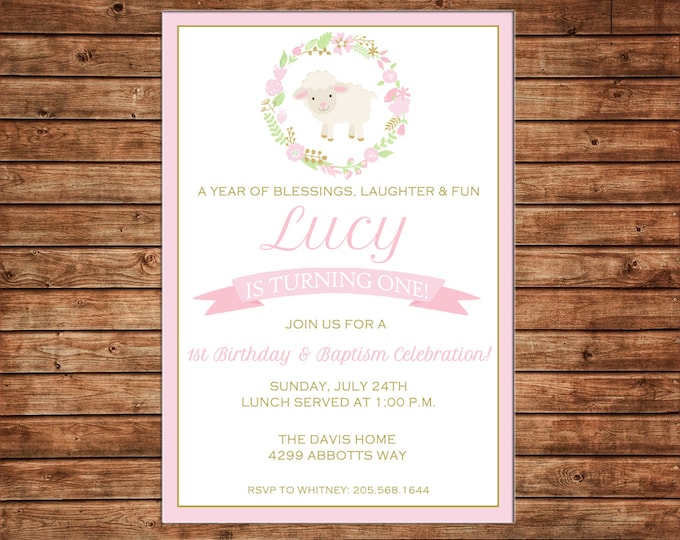 Girl Invitation Baptism Dedication Lamb Floral Wreath Shower Party - Can personalize colors /wording - Printable File or Printed Cards