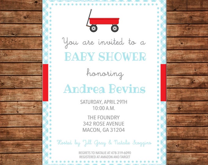 Boy or Girl Invitation Red Wagon Gingham Baby Shower Birthday Party - Can personalize colors /wording - Printable File or Printed Cards