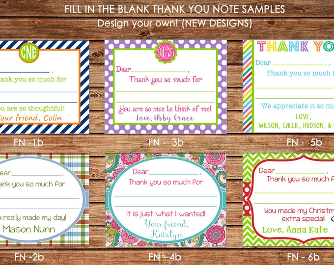 NEW Designs - Personalized Fill In The Blank Thank You Note Cards with Envelopes - Design your own - ONE DESIGN