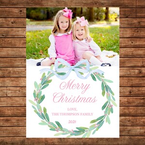 Photo Picture Christmas Holiday Card Watercolor Wreath Pink Blue Bow - Digital File