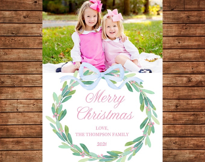 Photo Picture Christmas Holiday Card Watercolor Wreath Pink Blue Bow - Digital File