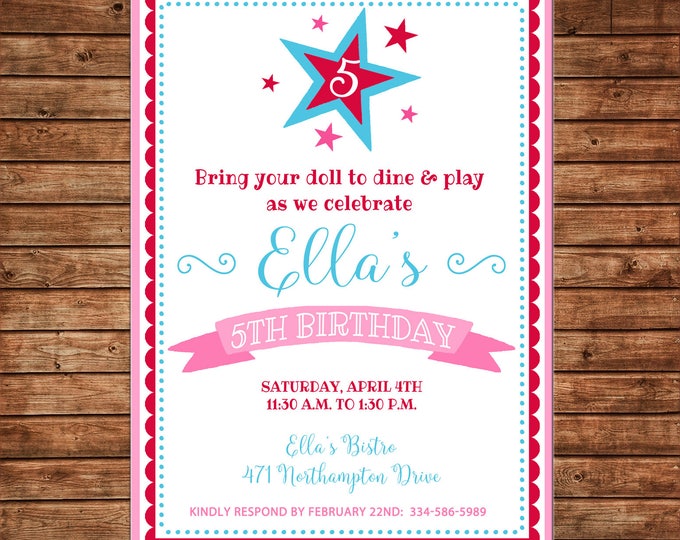 Girl Invitation Doll Bistro Birthday Party - Can personalize colors /wording - Printable File or Printed Cards