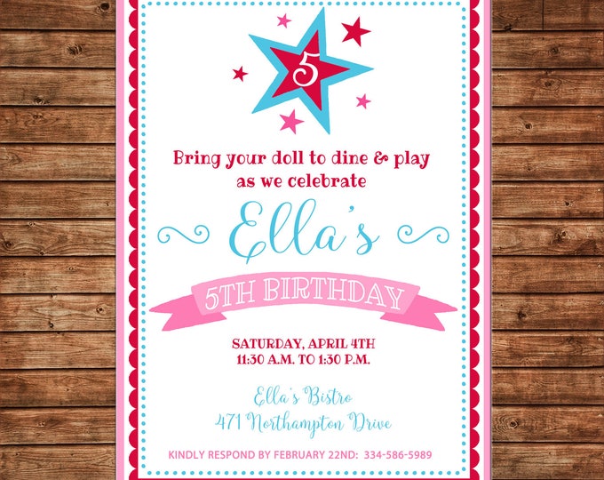 Girl Invitation Doll Bistro Birthday Party - Can personalize colors /wording - Printable File or Printed Cards
