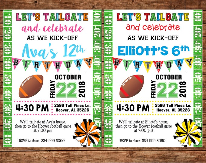 Boy or Girl Invitation Tailgate Football Game Birthday Party - Can personalize colors /wording - Printable File or Printed Cards