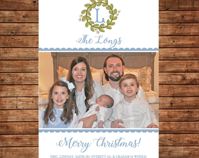 Christmas Holiday Photo Card Gingham Wreath Monogram  - Can Personalize - Printable File