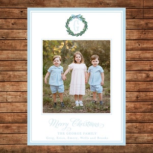 Christmas Holiday Photo Card Watercolor Wreath Baby Blue - Can Personalize - Printable File