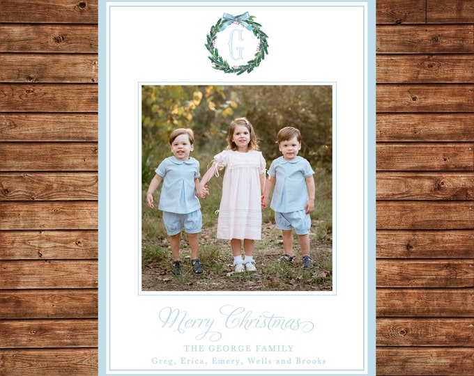 Christmas Holiday Photo Card Watercolor Wreath Baby Blue - Can Personalize - Printable File