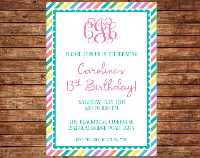 Girl Invitation Monogram Birthday Party - Can personalize colors /wording - Printable File or Printed Cards