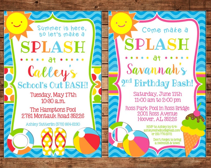 Boy or Girl Invitation Summer Flip Flops Pool Beach Birthday Party - Can personalize colors /wording - Printable File or Printed Cards