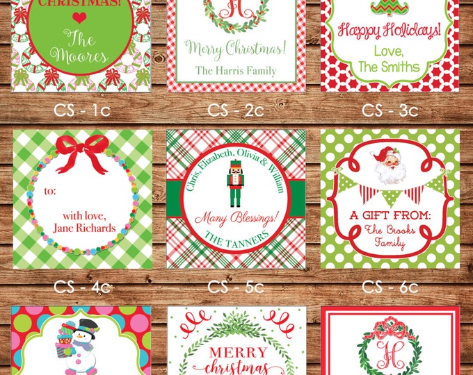 24 Square Personalized Christmas Red Green Enclosure Cards, Gift Stickers, Gift Tags