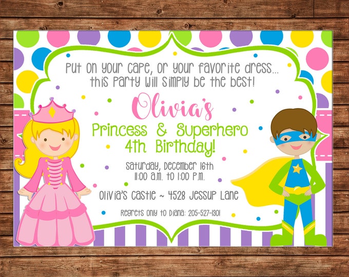 Girl Princess Superhero Super Hero Birthday Party - Can personalize colors /wording - Printable File or Printed Cards