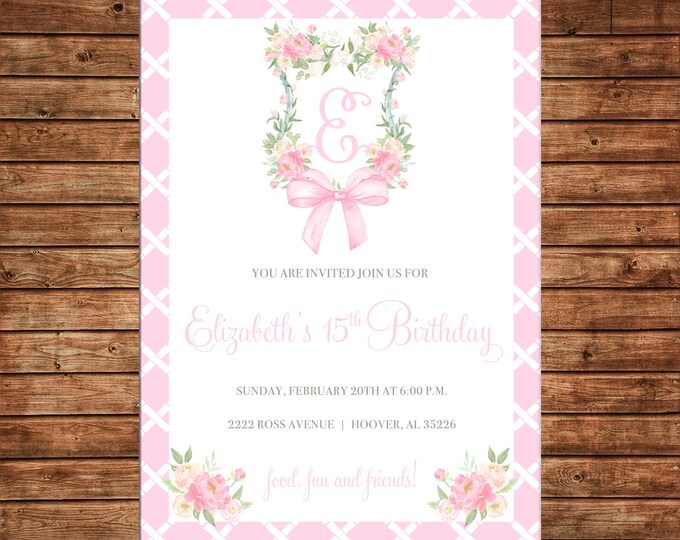 Invitation Watercolor Floral Gingham Brunch Shower Monogram Shield - Can personalize colors /wording - Printable File or Printed Cards