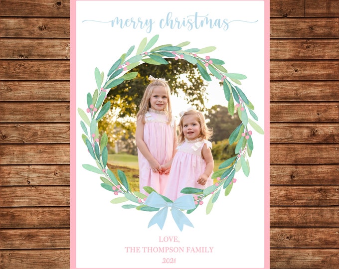 Photo Picture Christmas Holiday Card Watercolor Wreath Pink Blue Bow - Digital File