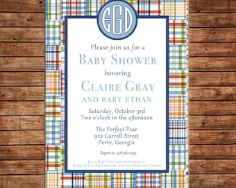 Boy Invitation Madras Plaid Monogram Baby Shower Birthday Party - Can personalize colors /wording - Printable File or Printed Cards