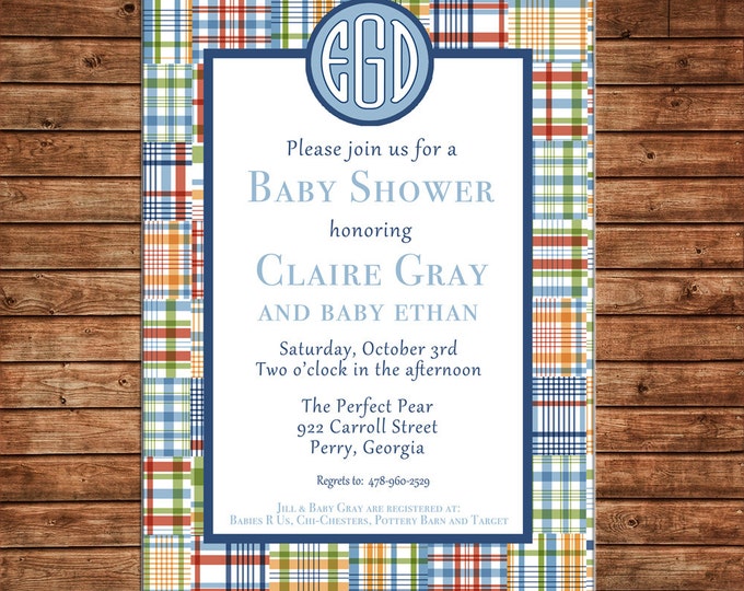 Boy Invitation Madras Plaid Monogram Baby Shower Birthday Party - Can personalize colors /wording - Printable File or Printed Cards