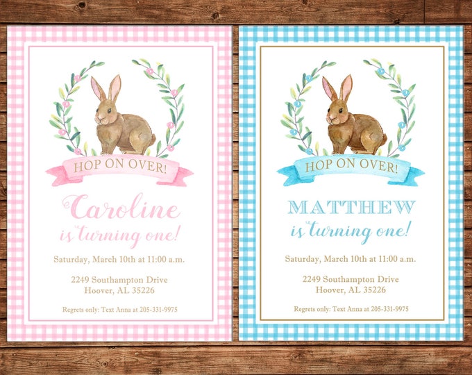 Invitation Watercolor Laurel Bunny Rabbit Easter Birthday Party - Can personalize colors /wording - Printable File or Printed Cards