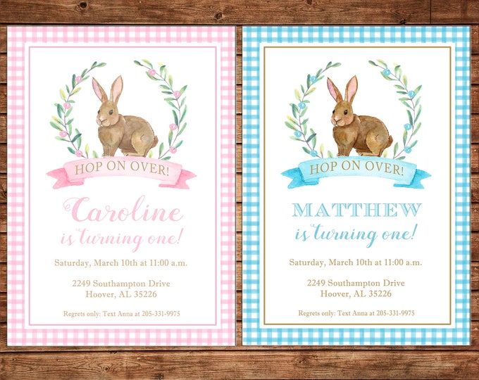 Invitation Watercolor Laurel Bunny Rabbit Easter Birthday Party - Can personalize colors /wording - Printable File or Printed Cards