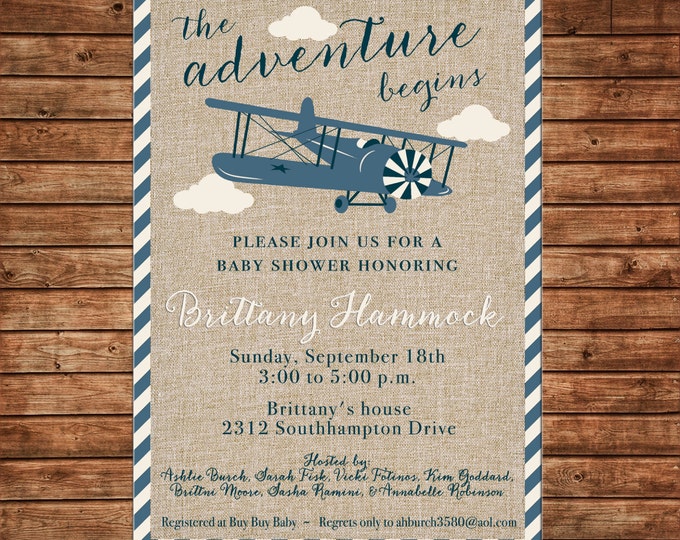 Boy Invitation Vintage Plane Airplane Burlap Shower Birthday Party - Can personalize colors /wording - Printable File or Printed Cards