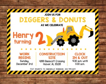 Boy Diggers Donuts Dump Truck Construction Birthday Party - Can personalize colors /wording - Printable File or Printed Cards