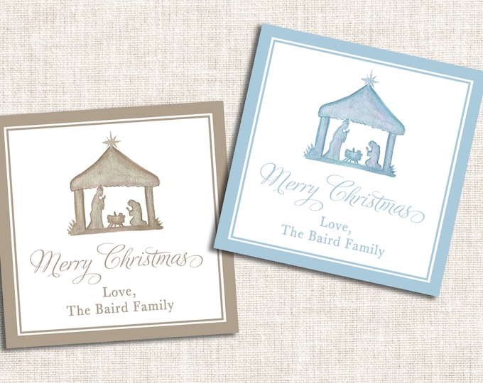 Personalized Christmas Gift Tags, Christmas Enclosure Cards, Christmas Gift Stickers, Watercolor Nativity