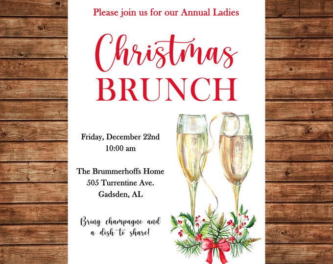 Christmas Holiday Watercolor Champagne Brunch Invitation - Can personalize colors /wording - Printable File or Printed Cards