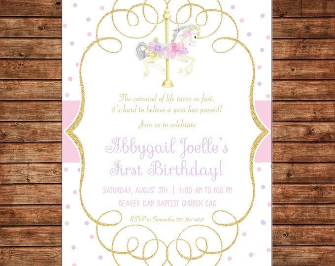 Girl Invitation Watercolor Glitter Gold Carousel Horse Birthday Party - Can personalize colors /wording - Printable File or Printed Cards