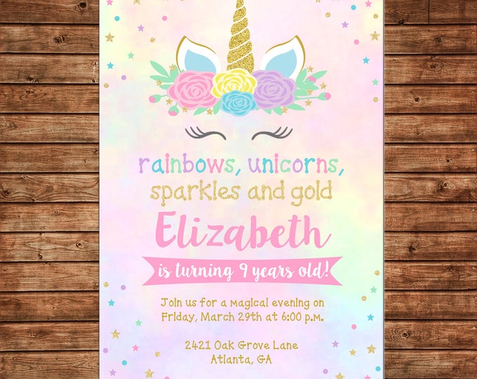 Girl Invitation Unicorn Gold Glitter Sparkles Rainbow Birthday Party - Can personalize colors /wording - Printable File or Printed Cards