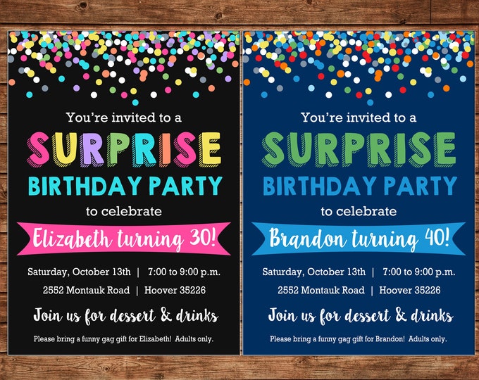 Boy or Girl Invitation Surprise Confetti Birthday Party - Can personalize colors /wording - Printable File or Printed Cards
