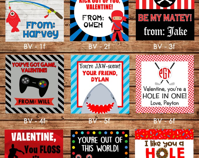 24 Square Personalized Boy Valentine Enclosure Cards, Gift Stickers, Gift Tags