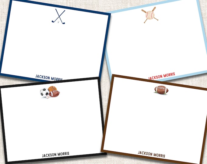 Personalized Boy Stationery, Boy Personalized Notecards, Boy Flat Note Cards, Preppy Stationery, Sports Notecards
