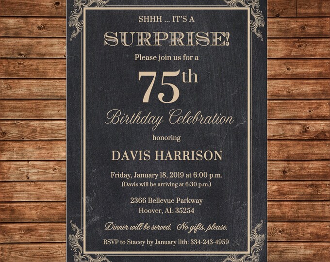 Invitation Chalkboard Chalk Masculine Surprise Birthday Party - Can personalize colors /wording - Printable File or Printed Cards
