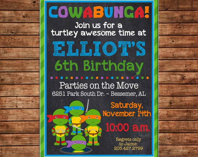 Boy Invitation Turtle Birthday Party - Can personalize colors /wording - Printable File or Printed Cards